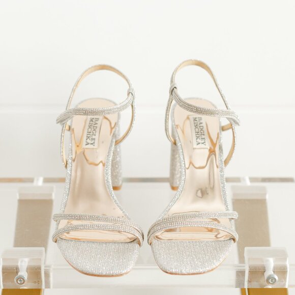 Badgley Mischka Rebekah Platinum Silver Women 8 Block Heel Sandal Fabric - Picture 5 of 14